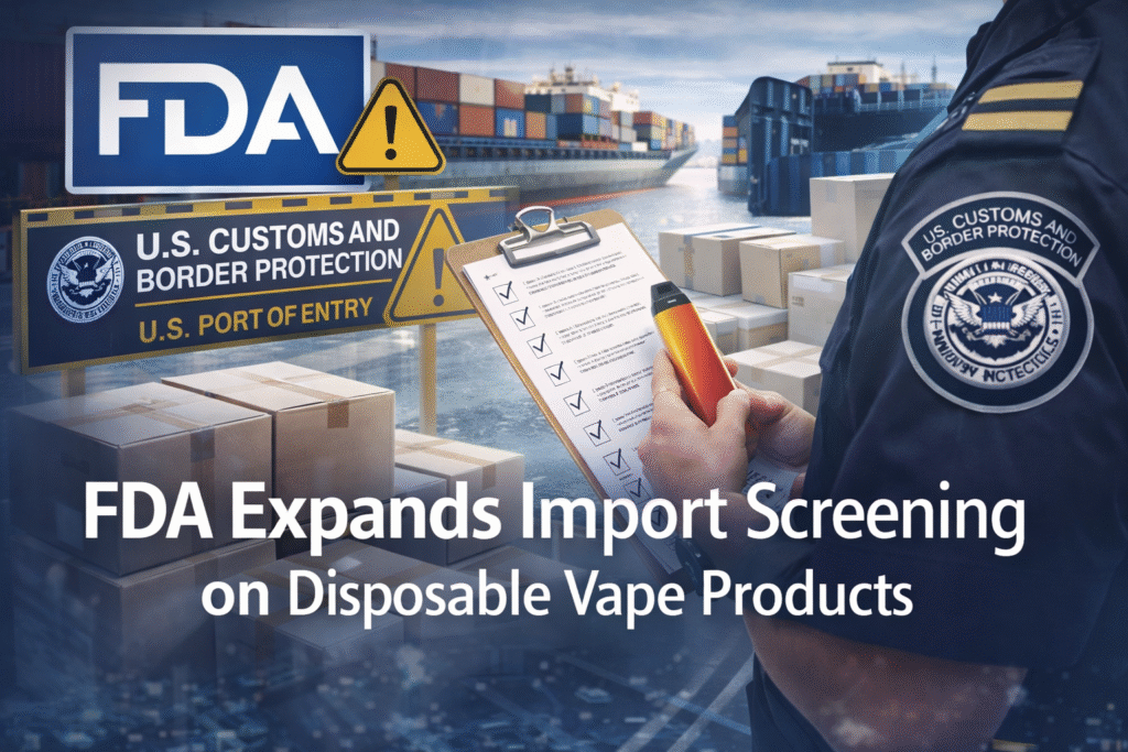 The U.S. Food and Drug Administration has expanded import screening measures targeting unauthorized disposable vaping products, citing ongoing compliance and enforcement concerns at U.S. ports of entry.