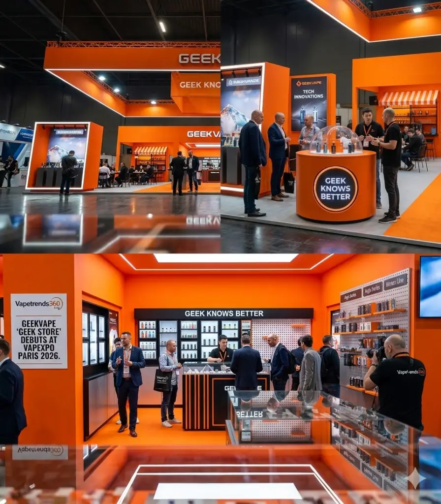 geekvape geek store retail concept booth at vapexpo paris 2026 showing modular compliance ready vape shop layout
