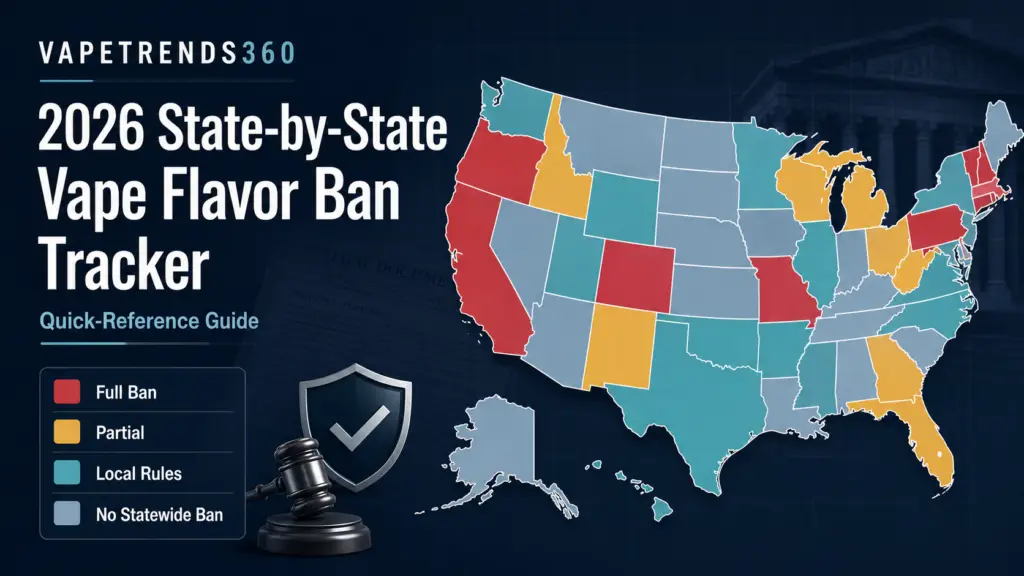 U.S. map color-coded by state vape flavor-ban status with a legend (Full Ban, Partial, Local Rules, No statewide ban).