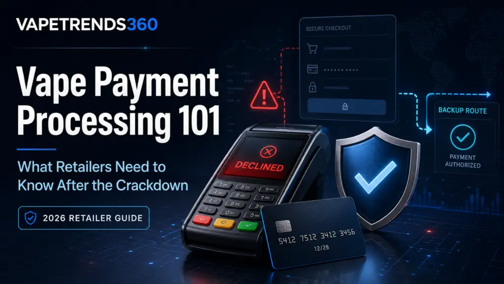 Hero banner for Vape Trends 360: vape payment processing 101 with a declined payment device, shield, and card on a dark tech background.