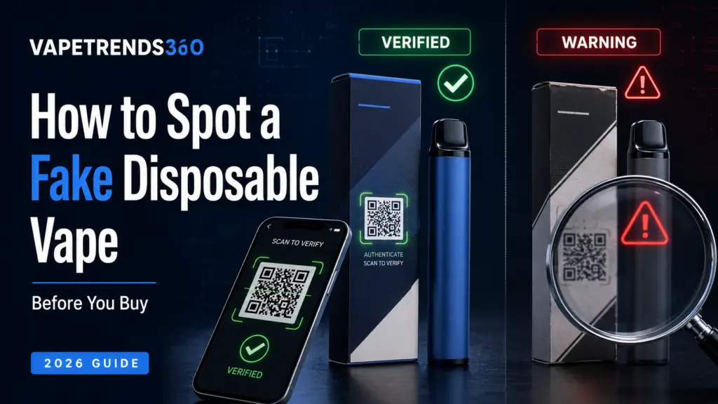 Banner depicting a guide to spot fake disposable vapes, with QR codes and 'Verified' and 'Warning' cues, 2026 Guide badge left.