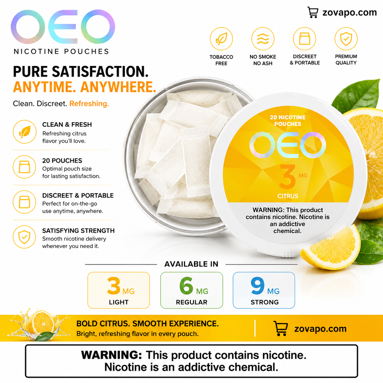 OEO Nicotine Pouches Citrus 3mg 6mg 9mg tobacco-free buy online zovapo.com