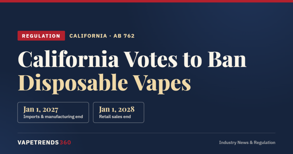 California AB 762 disposable vape ban timeline: imports and manufacturing end Jan 1, 2027, retail sales end Jan 1, 2028